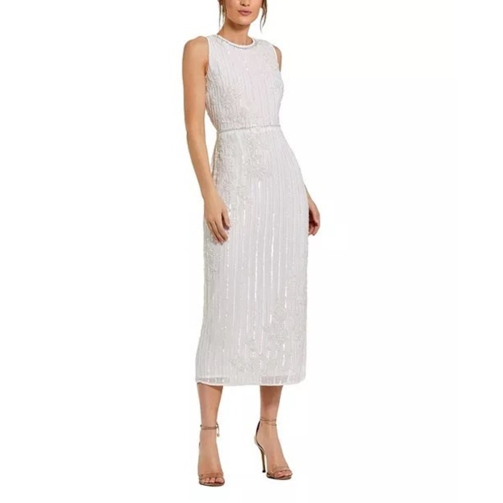 Mac Duggal 70260 White Beaded Sequin Floral Sleeveless Midi Sheath Dress Size 2